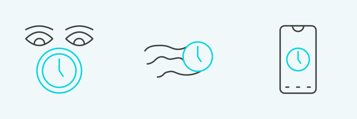 Sticker - Set line Alarm clock app mobile, Clock and Time flies on the icon. Vector