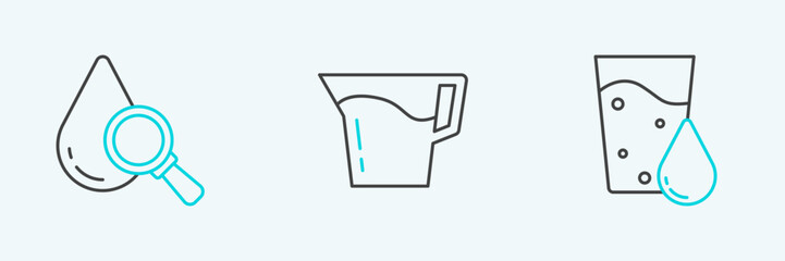 Sticker - Set line Glass with water, Drop and magnifying glass and Jug icon. Vector