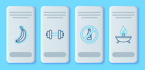 Poster - Set line Dumbbell, No alcohol, Banana and Aroma candle icon. Vector