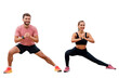 Warm-up people train a male instructor and a female client. Active exercises squats in fitness clothes. Sports friends have an intense time for sports. Transparent background.