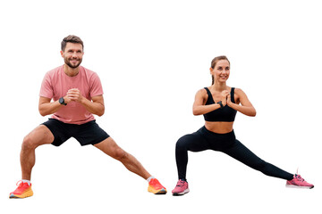 warm-up people train a male instructor and a female client. active exercises squats in fitness cloth