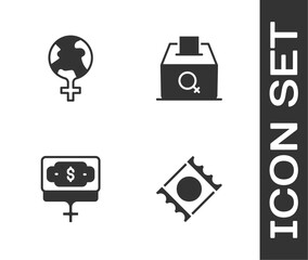 Sticker - Set Condom in package, Feminism the world, Money growth woman and Female vote right icon. Vector