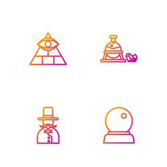 Sticker - Set line Magic ball, Magician, Masons and Witch cauldron and magic stone. Gradient color icons. Vector