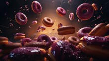 A Meticulously Captured Scene Of Flying Donuts Against A Rich Burgundy Background, Emphasizing Their Vibrant Colors