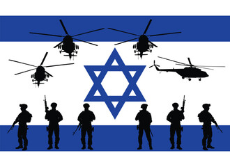 Wall Mural - Israel army soldiers troops with rifles on duty over flag vector silhouette illustration. Protect force with helicopter unit watch guard. Patriot save border of country against terrorism. Israel flag.