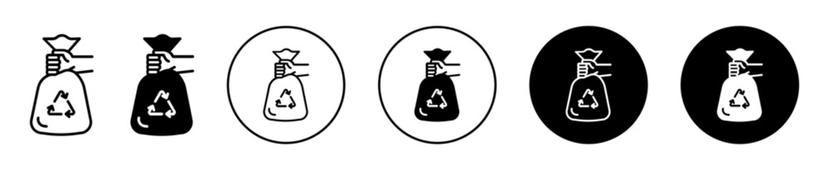 Fototapete - Hand with trash bag icon. Plastic trash bag symbol set. Recycle and disposable waste collect household bin bag vector sign. junk waste recyclable package bag line logo. Environment safe dustbin logo