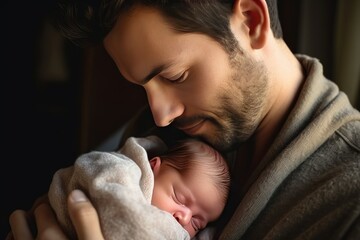 Wall Mural - Young father cradles his newborn baby in his arms