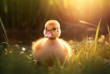Cute Ducklings In The Garden With Blurred Background And Sunlight. Generative Ai