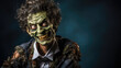 Halloween Horror Hintergrund mit einem grinsenden Zombie Clown mit grünem Make-up und zerrissenem Anzug vor dunklem Hintergrund und Platz für Text