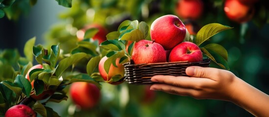 Wall Mural - Hand picking a red ripe apple from an apple tree branch and adding it to a fruit basket in an organic garden With copyspace for text