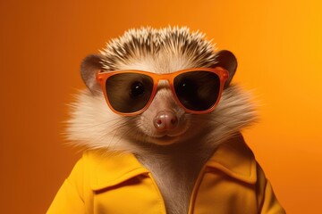 Stylish portrait of dressed up imposing anthropomorphic handsome hedgehog wearing glasses and suit on vibrant orange background with copy space. Funny illustration.