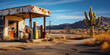 Abandoned gas station in desert landscape