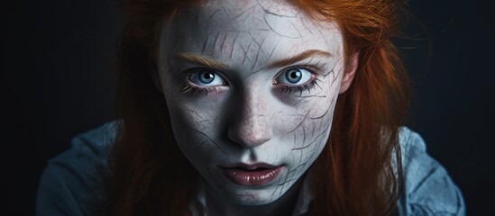 Fototapeta halloween makeup on a scary girl with ginger hair and a cut mouth staring at the camera with blue eyes with copyspace for text