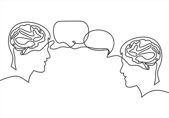 People talk with speech bubble outline, conversation two person, dialog speak, continuous line drawing. Graphics minimalist linear. Balloons for communication, chat and dialogue. Vector illustration