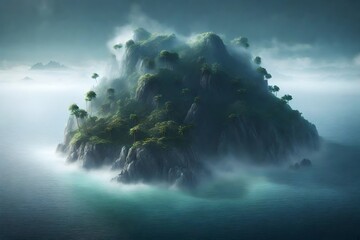 Wall Mural - Render a depiction of an island shrouded in mist, appearing mysteriously isolated in the vastness of the open sea