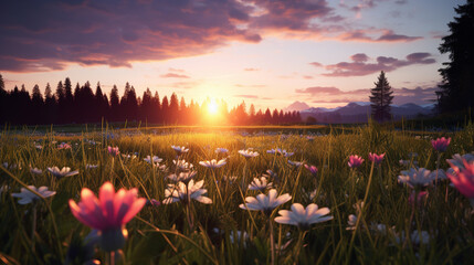 Sunset background of meadows,flowers. Nature background. Flower background. Generative AI