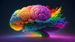 A rainbow-colored brain explosion, a splash of vibrant colors, cognitive overload, creative inspiration, and concepts from psychology and neurology.
