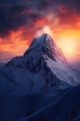 Wall Mural - Sunset on snowy mountain peak generative AI