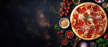 Italian Food Meals On The Table From A Top View Pizza Pasta Soup And Vegetable Salad With Copyspace For Text