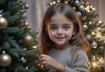 portrait of a little girl in a christmas tree with toys. happy new year. christmas concept. portrait