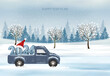 Holiday Christmas and Happy New Year background with with evening landscape and blue car with 2024 numbers and Santa hat. Winter illustration, banner, vector