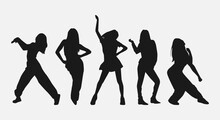 Set Of Five Female Dancer Silhouettes. Street Dancers With Various Different Styles, Poses, Movements. Vector Illustration.