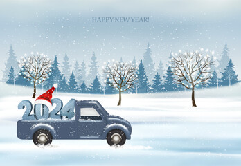 Poster - Holiday Christmas and Happy New Year background with with evening landscape and blue car with 2024 numbers and Santa hat. Winter illustration, banner, vector