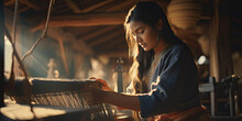 Asian Woman Weaving Fabric On A Loom