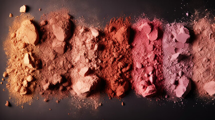 Wall Mural - Variety pallet of broken makeup powder and blusher, on black background. Sample cosmetics concept. Generative AI