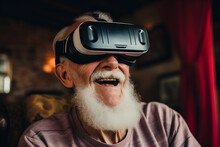 Happy Old Man Watching A Movie On 3d Or Virtual Reality Glasses Smiling And Laughing