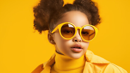 portrait of a smiling child isolated on yellow background 