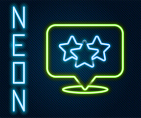 Poster - Glowing neon line Five stars customer product rating review icon isolated on black background. Favorite, best rating, award symbol. Colorful outline concept. Vector
