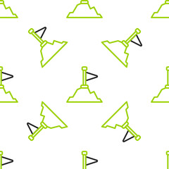 Poster - Line Mountains with flag on top icon isolated seamless pattern on white background. Symbol of victory or success concept. Goal achievement. Vector