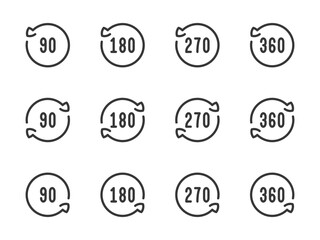 Poster - Rotate 90, 180, 270 and 360 degrees vector line icons. Angle of Rotation and Rotating arrow with angle value outline icon set.