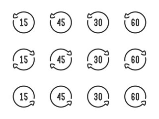 Poster - Rotate 15, 30, 45 and 60 degrees vector line icons. Angle of Rotation and Rotating arrow with angle value outline icon set.