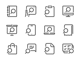 Poster - Search and Exploration vector line icons. Research, Review and Inspection outline icon set. Find Document, To-do list, Presentation, Purchase, Notebook, Receipt, Plan and more.