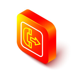 Poster - Isometric line Outgoing call phone icon isolated on white background. Phone sign. Telephone handset. Orange square button. Vector