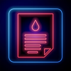 Canvas Print - Glowing neon Oil drop document icon isolated on black background. Vector