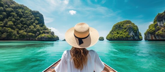 joyful woman exploring small islands on a boat in andaman sea admiring the panoramic view of nature 