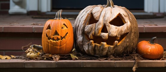 Wall Mural - Lit Halloween Jack o Lanterns in a spooky group at night With copyspace for text