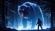 Man looking at a giant bear in dark forest. Halloween concept