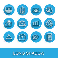 Poster - Set line Pyramid chart infographics, Briefcase, Monitor with, Coin money dollar, Calculator, and, Star and Pie icon. Vector