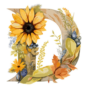 Floral Letter D on transparent background