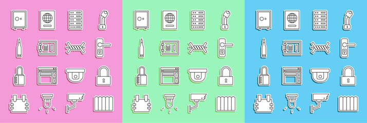 Poster - Set line Garden fence wooden, Lock, Door handle, Server, Data, Web Hosting, Safe, Bullet, and Barbed wire icon. Vector