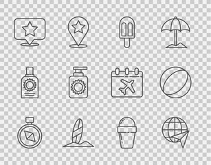 Sticker - Set line Compass, Globe with flying plane, Ice cream, Surfboard, Map pointer star, Sunscreen spray bottle, waffle cone and Beach ball icon. Vector