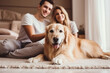 © Varitnan - Couple and their dog in living room, relation between people and pet, generative Ai.