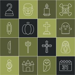 Wall Mural - Set line Calendar with Halloween, Funny and scary ghost mask, Ghost, Burning candle, Pumpkin, Candy, Pirate hook and Tombstone cross icon. Vector