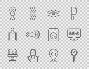 Wall Mural - Set line Brick stove, Kitchen thermometer, Steak meat, apron, Chicken leg, Location with fire flame and Barbecue icon. Vector