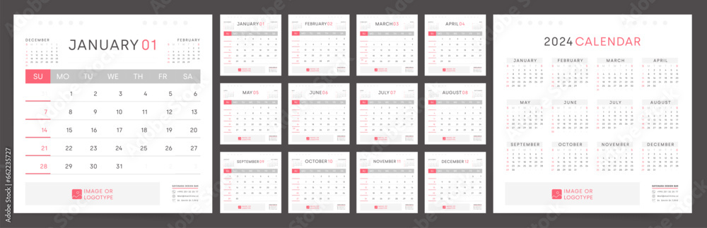 2024 Calendar Design Template. Sunday start Weekly Layout. Clean and ...