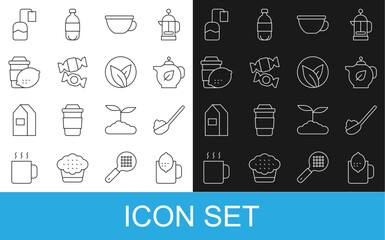 Wall Mural - Set line Cup of tea with lemon, Spoon sugar, Teapot leaf, Candy, bag and icon. Vector